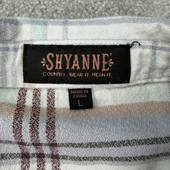 Shayanne high low button down long sleeves embroidered floral plaid blouse sz L - Picture 3 of 7